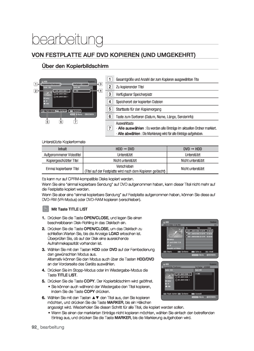 Samsung DVD-HR773/XEN, DVD-HR773/XEB Von Festplatte Auf Dvd Kopieren Und Umgekehrt, Über den Kopierbildschirm, bearbeitung 