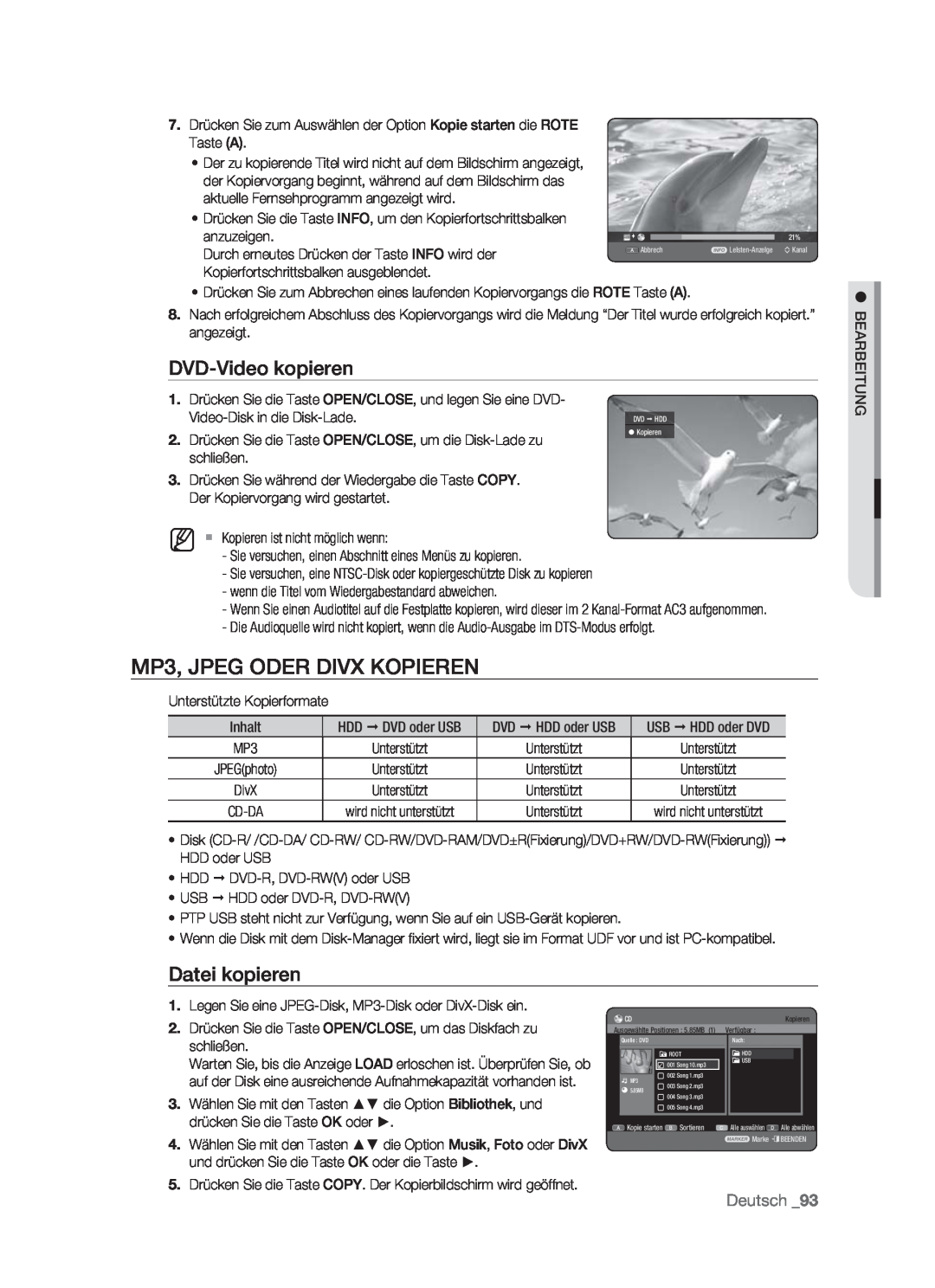 Samsung DVD-HR773/XEB, DVD-HR773/XEN manual MP3, JPEG ODER DIVX KOPIEREN, DVD-Video kopieren, Datei kopieren, Deutsch 