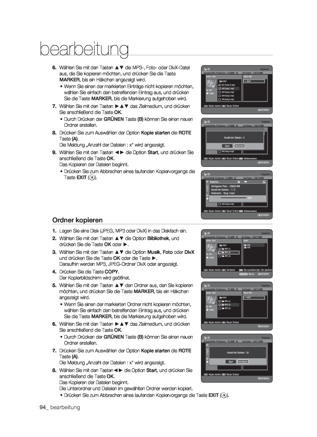 Samsung DVD-HR773/XEG, DVD-HR773/XEN, DVD-HR773/XEB, DVD-HR773/AUS manual Ordner kopieren, bearbeitung 