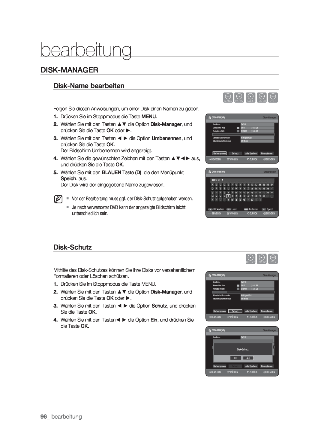 Samsung DVD-HR773/XEN, DVD-HR773/XEB, DVD-HR773/XEG Xcvkl, Disk-Manager, Disk-Name bearbeiten, Disk-Schutz, bearbeitung 