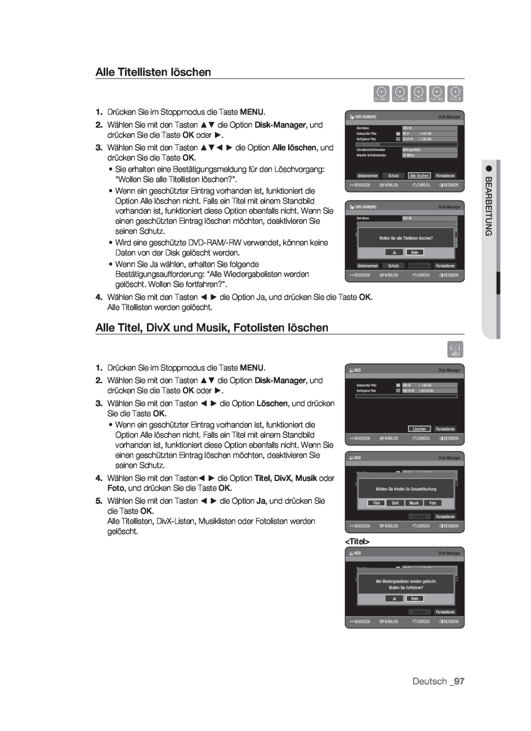 Samsung DVD-HR773/XEB manual Alle Titellisten löschen, Alle Titel, DivX und Musik, Fotolisten löschen, Xcvkl, Deutsch 
