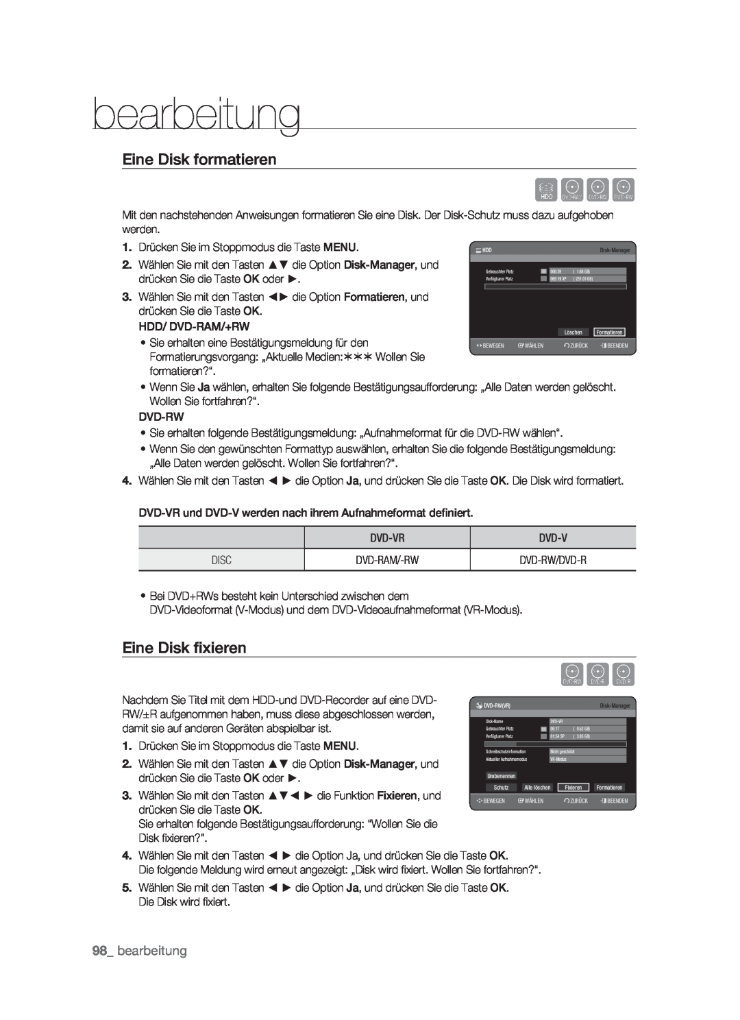 Samsung DVD-HR773/XEG, DVD-HR773/XEN, DVD-HR773/XEB manual Eine Disk formatieren, Eine Disk ﬁxieren, bearbeitung, Sxck 