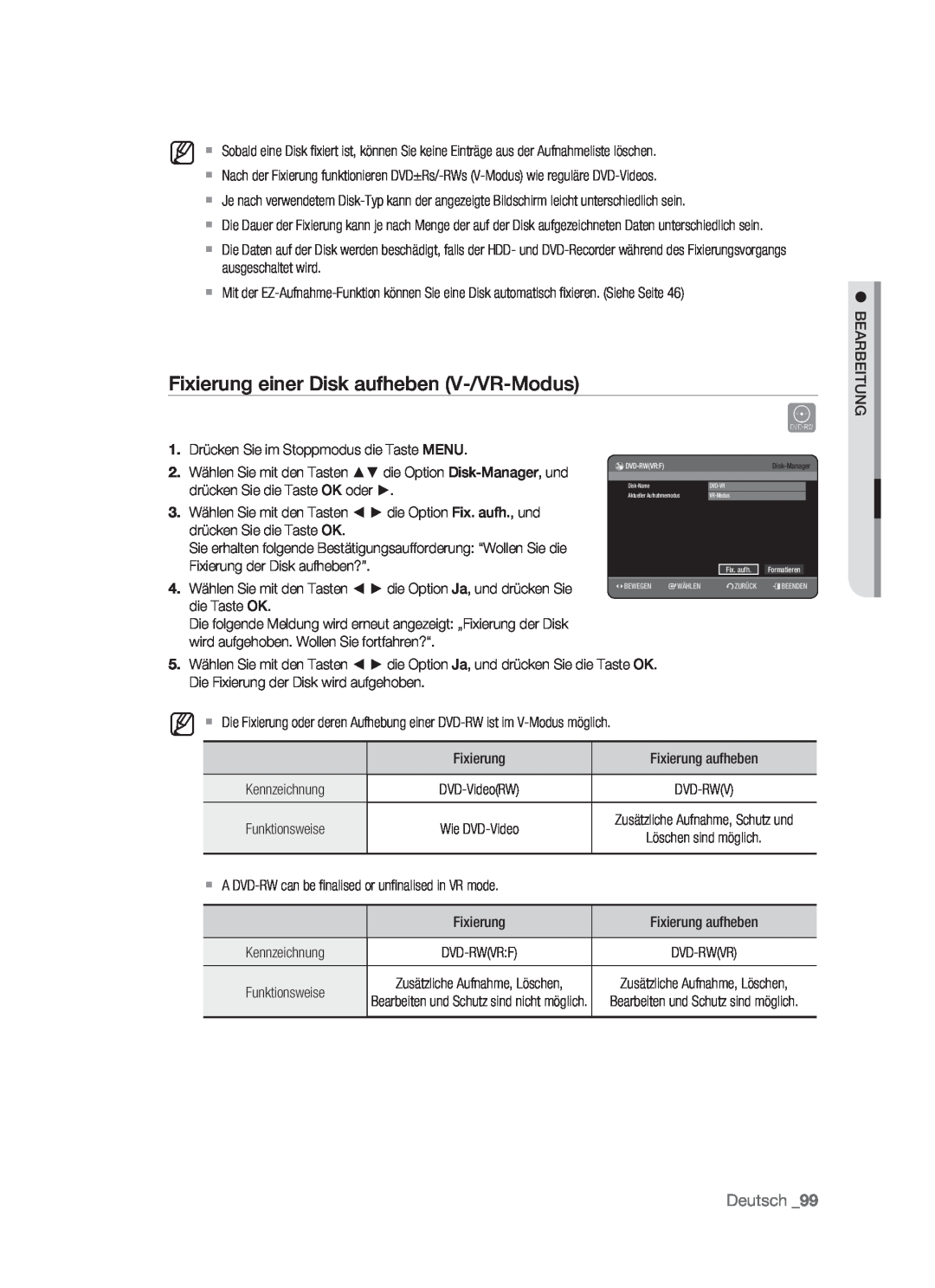 Samsung DVD-HR773/AUS, DVD-HR773/XEN, DVD-HR773/XEB, DVD-HR773/XEG manual Fixierung einer Disk aufheben V-/VR-Modus, Deutsch 