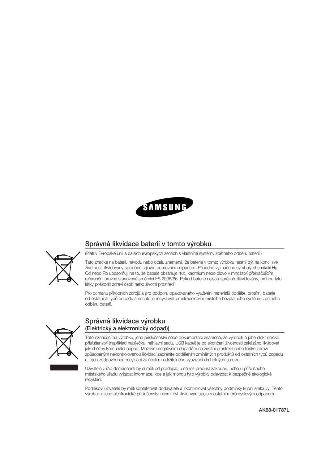 Samsung DVD-HR775A/EDC, DVD-HR777A/EDC Správná likvidace baterií v tomto výrobku, Správná likvidace výrobku, AK68-01787L 