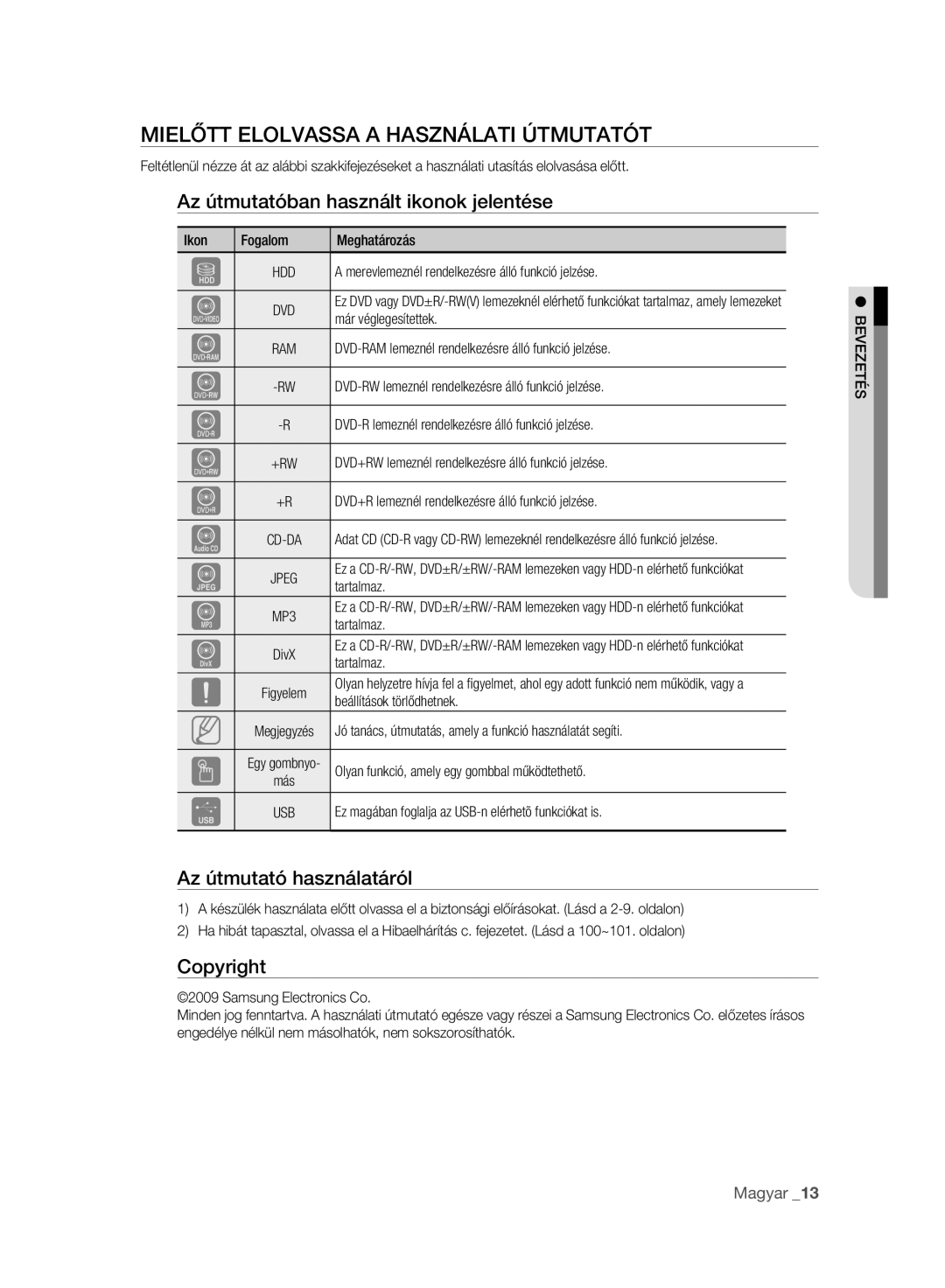 Samsung DVD-HR777A/EDC, DVD-HR775A/EDC Mielőtt Elolvassa a Használati Útmutatót, Az útmutatóban használt ikonok jelentése 