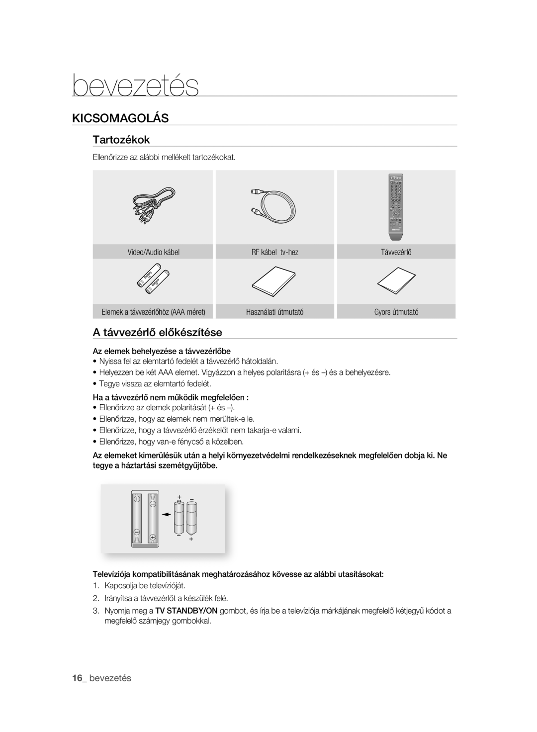 Samsung DVD-HR777A/EDC manual Kicsomagolás, Tartozékok, Távvezérlő előkészítése, Használati útmutató Gyors útmutató 