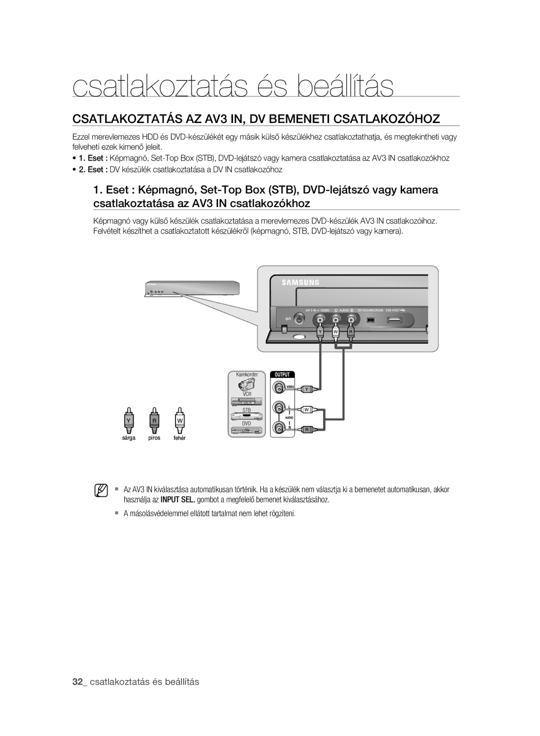 Samsung DVD-HR773A/EDC, DVD-HR775A/EDC, DVD-HR777A/EDC manual Csatlakoztatás AZ AV3 IN, DV Bemeneti Csatlakozóhoz 