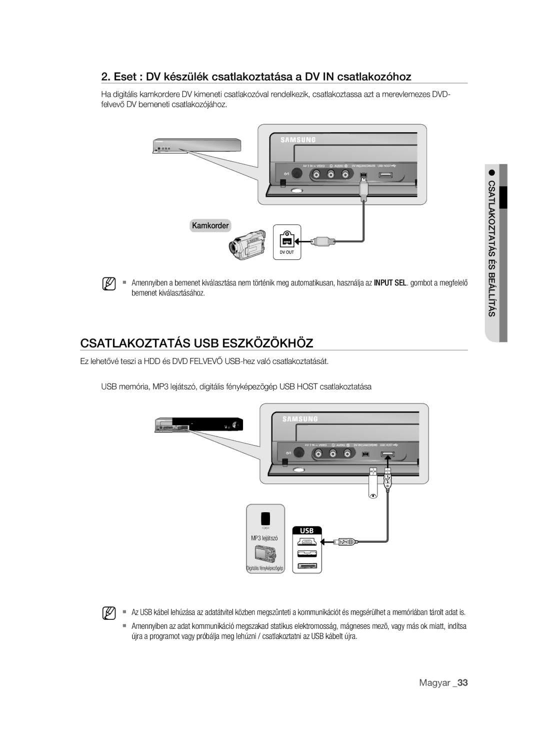 Samsung DVD-HR775A/EDC manual Csatlakoztatás USB Eszközökhöz, Eset DV készülék csatlakoztatása a DV in csatlakozóhoz 