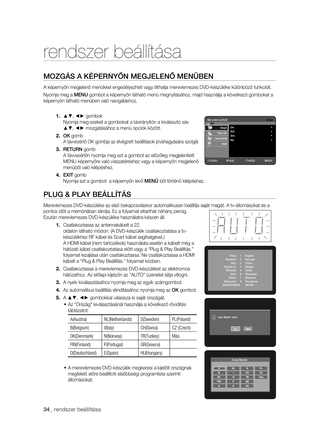 Samsung DVD-HR777A/EDC, DVD-HR775A/EDC Rendszer beállítása, Mozgás a Képernyőn Megjelenő Menüben, Plug & Play Beállítás 