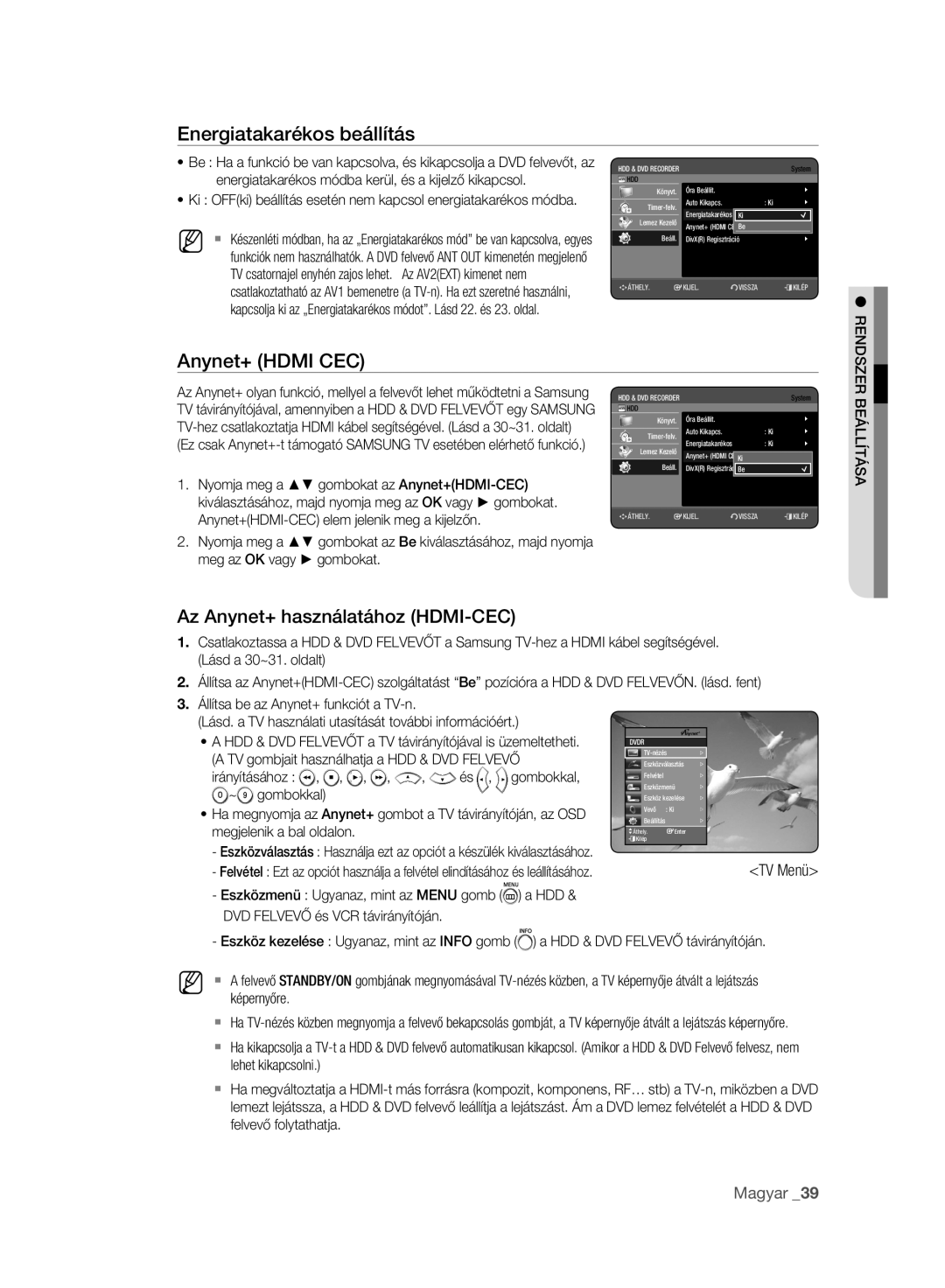 Samsung DVD-HR775A/EDC manual Energiatakarékos beállítás, Anynet+ Hdmi CEC, Az Anynet+ használatához HDMI-CEC, Beállítása 