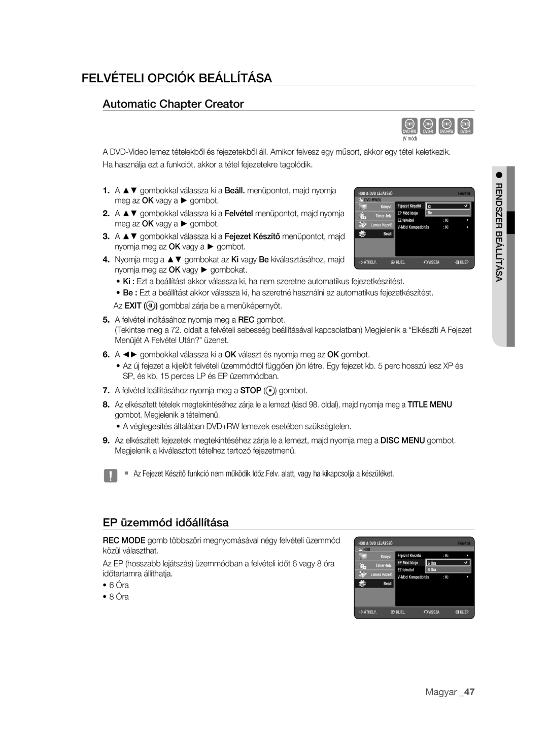 Samsung DVD-HR773A/EDC, DVD-HR775A/EDC manual Felvételi Opciók Beállítása, Automatic Chapter Creator, EP üzemmód időállítása 