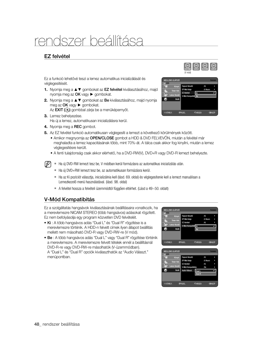 Samsung DVD-HR775A/EDC, DVD-HR777A/EDC manual EZ felvétel, Mód Kompatibitás, Véglegesítését, Nyomja meg az OK vagy gombokat 