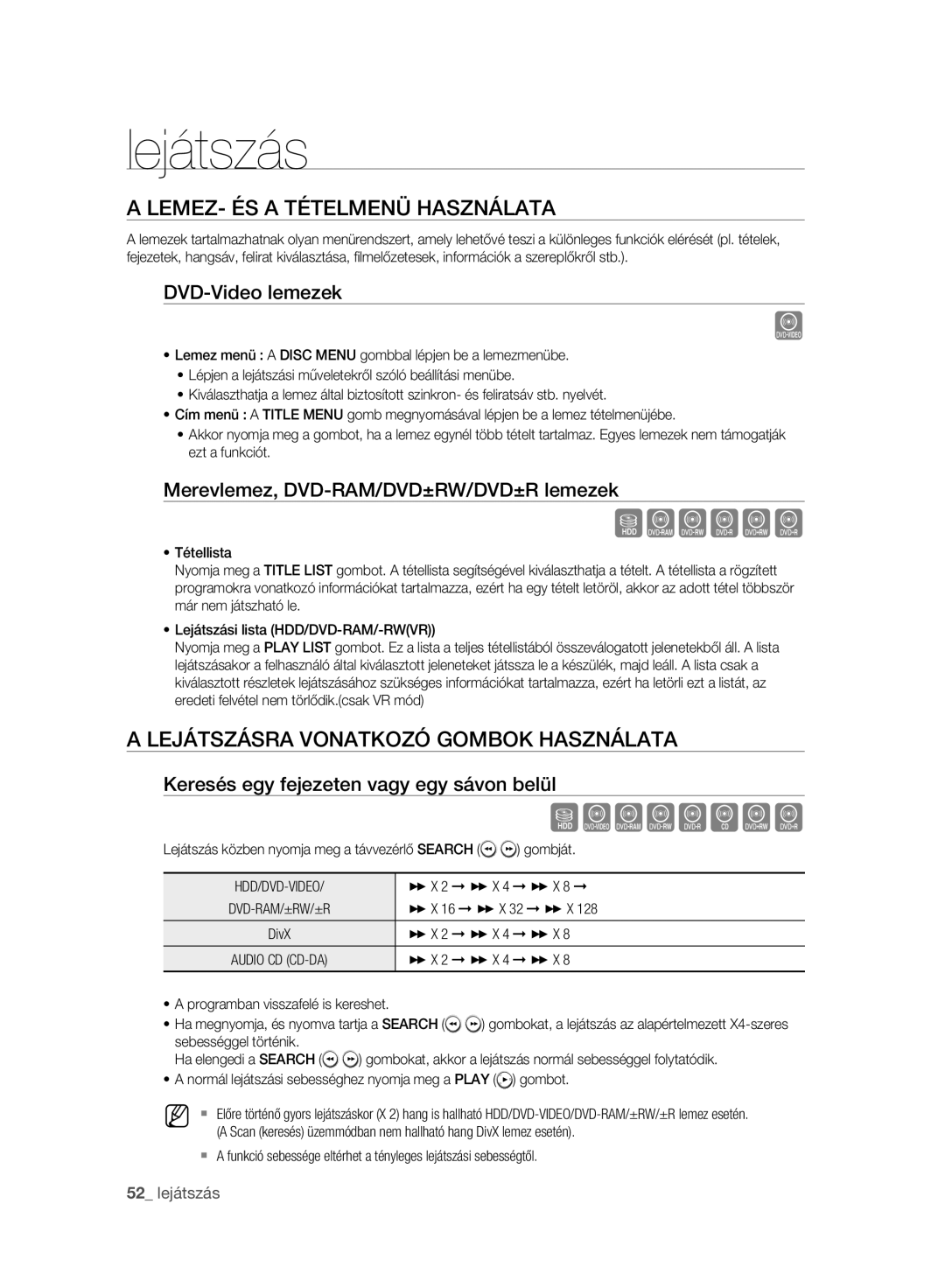 Samsung DVD-HR777A/EDC manual LEMEZ- ÉS a Tételmenü Használata, Lejátszásra Vonatkozó Gombok Használata, DVD-Video lemezek 