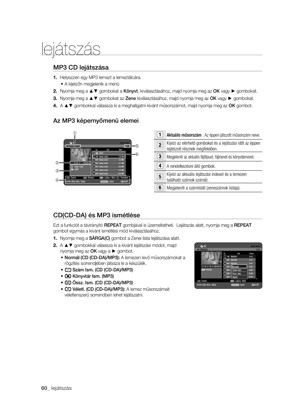 Samsung DVD-HR775A/EDC, DVD-HR777A/EDC manual MP3 CD lejátszása, Az MP3 képernyőmenü elemei, CDCD-DA és MP3 ismétlése 