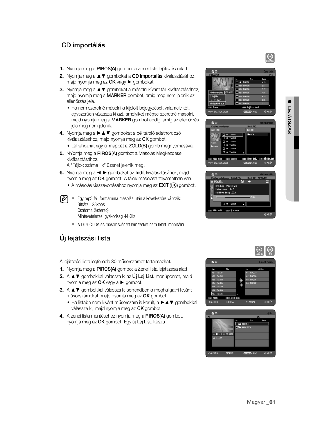 Samsung DVD-HR777A/EDC manual CD importálás, Új lejátszási lista, Lejátszási lista legfeljebb 30 műsorszámot tartalmazhat 