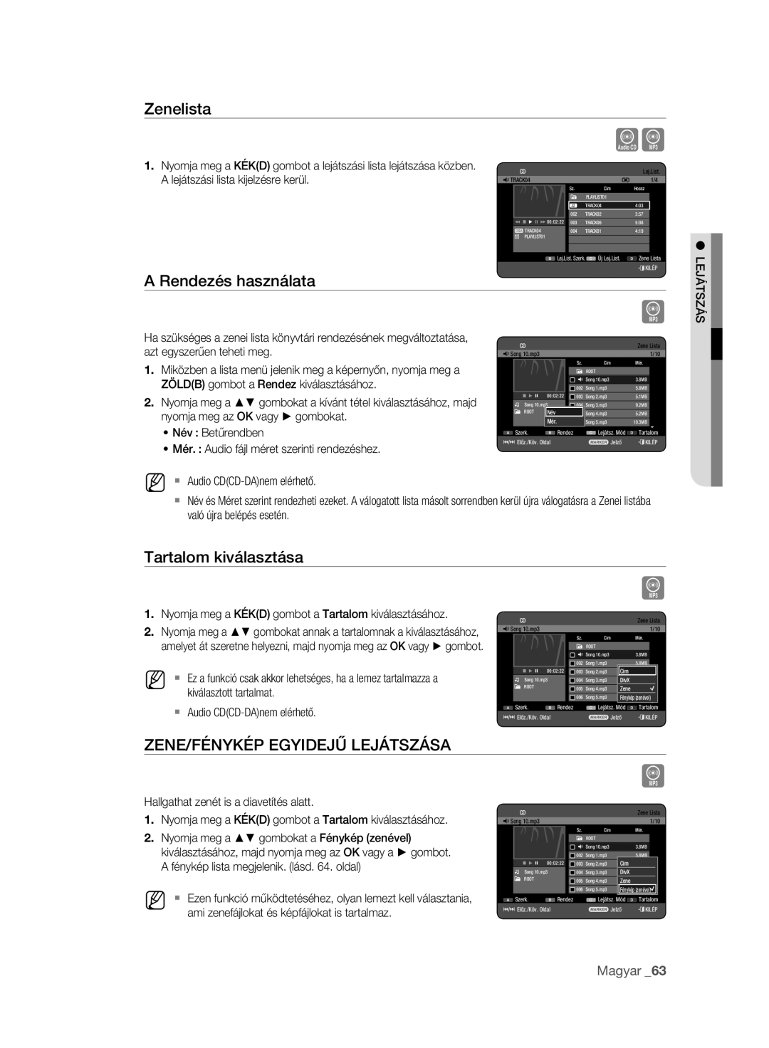 Samsung DVD-HR775A/EDC, DVD-HR777A/EDC, DVD-HR773A/EDC manual Zenelista, Rendezés használata, Tartalom kiválasztása 