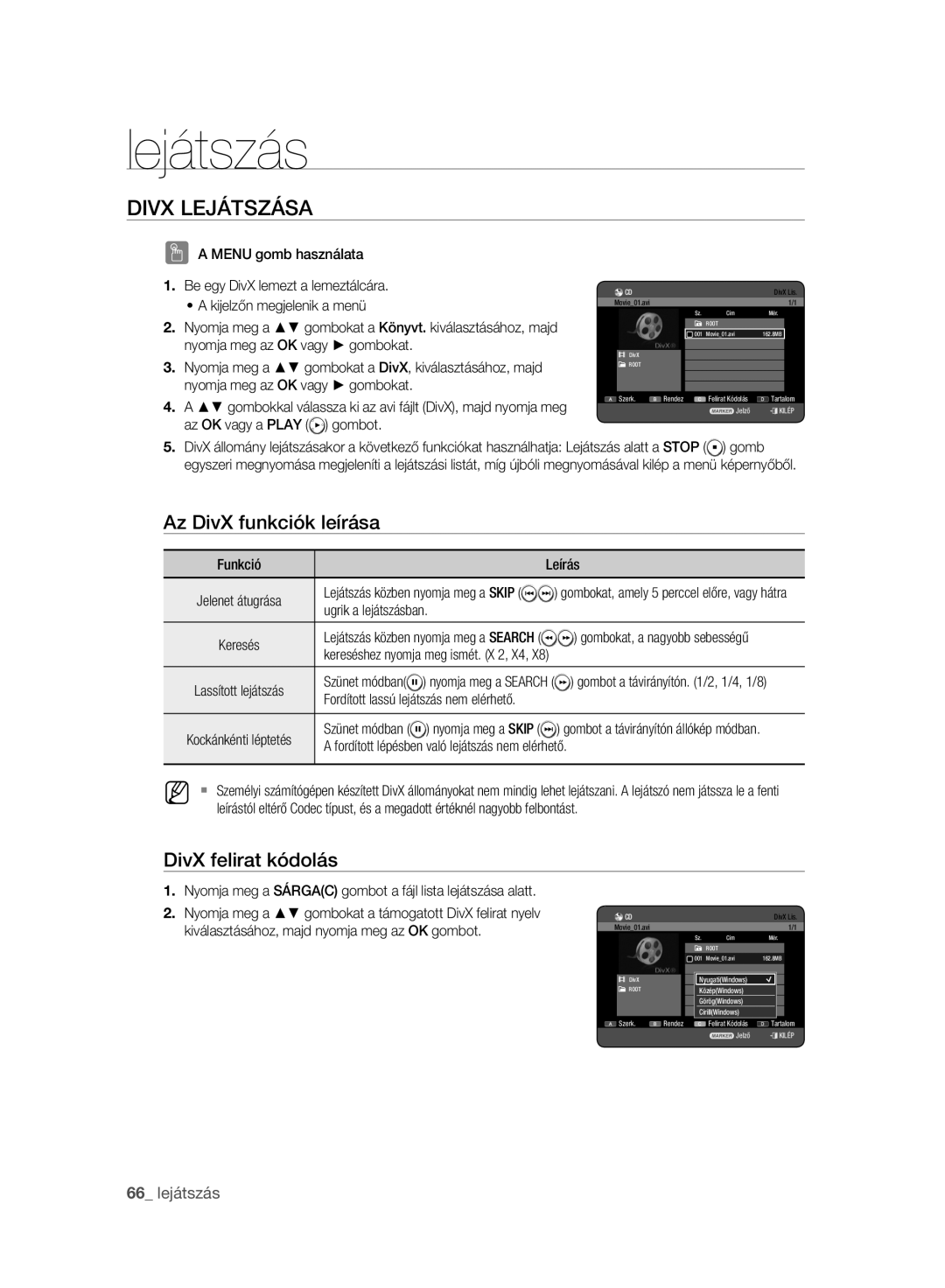 Samsung DVD-HR775A/EDC, DVD-HR777A/EDC, DVD-HR773A/EDC manual Divx Lejátszása, Az DivX funkciók leírása, DivX felirat kódolás 