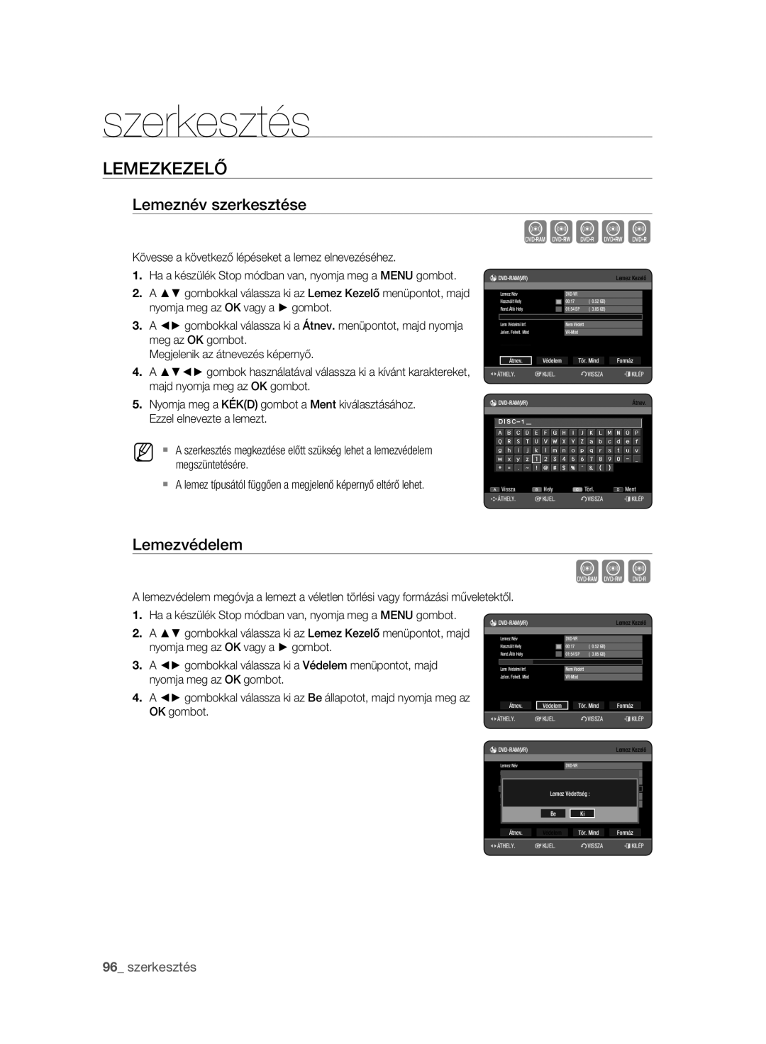 Samsung DVD-HR775A/EDC, DVD-HR777A/EDC, DVD-HR773A/EDC manual Lemezkezelő, Lemeznév szerkesztése, Lemezvédelem 