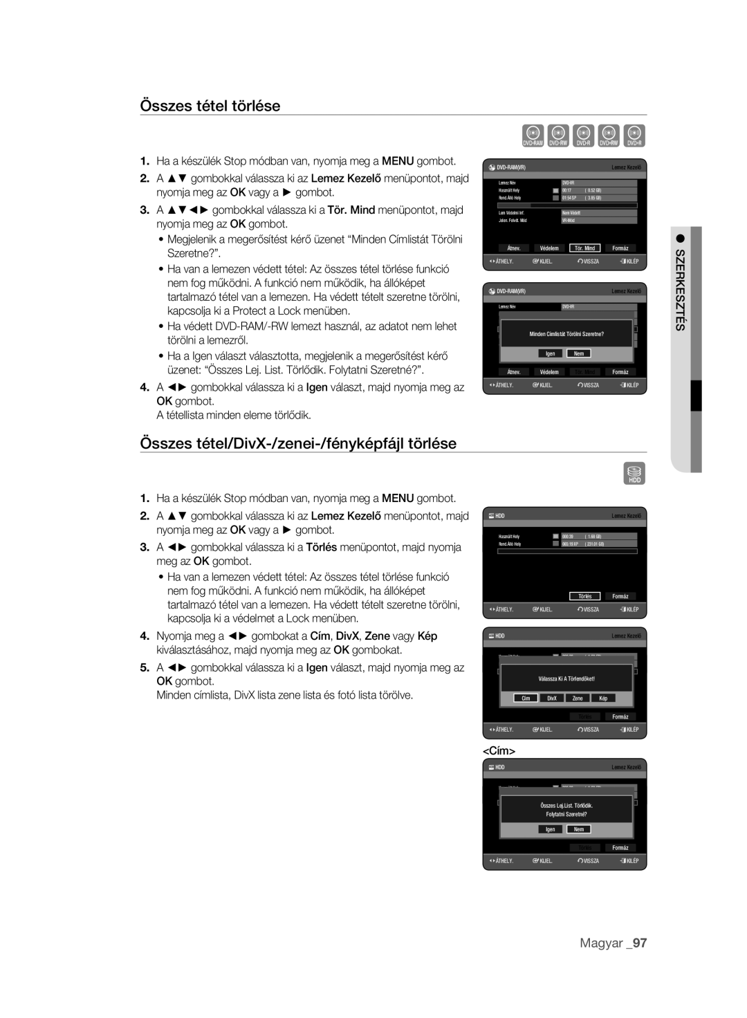 Samsung DVD-HR777A/EDC, DVD-HR775A/EDC manual Összes tétel törlése, Összes tétel/DivX-/zenei-/fényképfájl törlése, Cím 