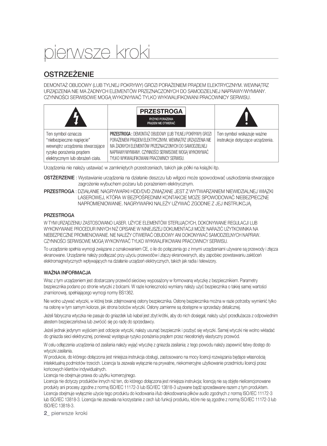 Samsung DVD-HR773A/EDC, DVD-HR775A/EDC, DVD-HR777A/EDC manual Pierwsze kroki, Ostrzeżenie, Przestroga, Ważna Informacja 