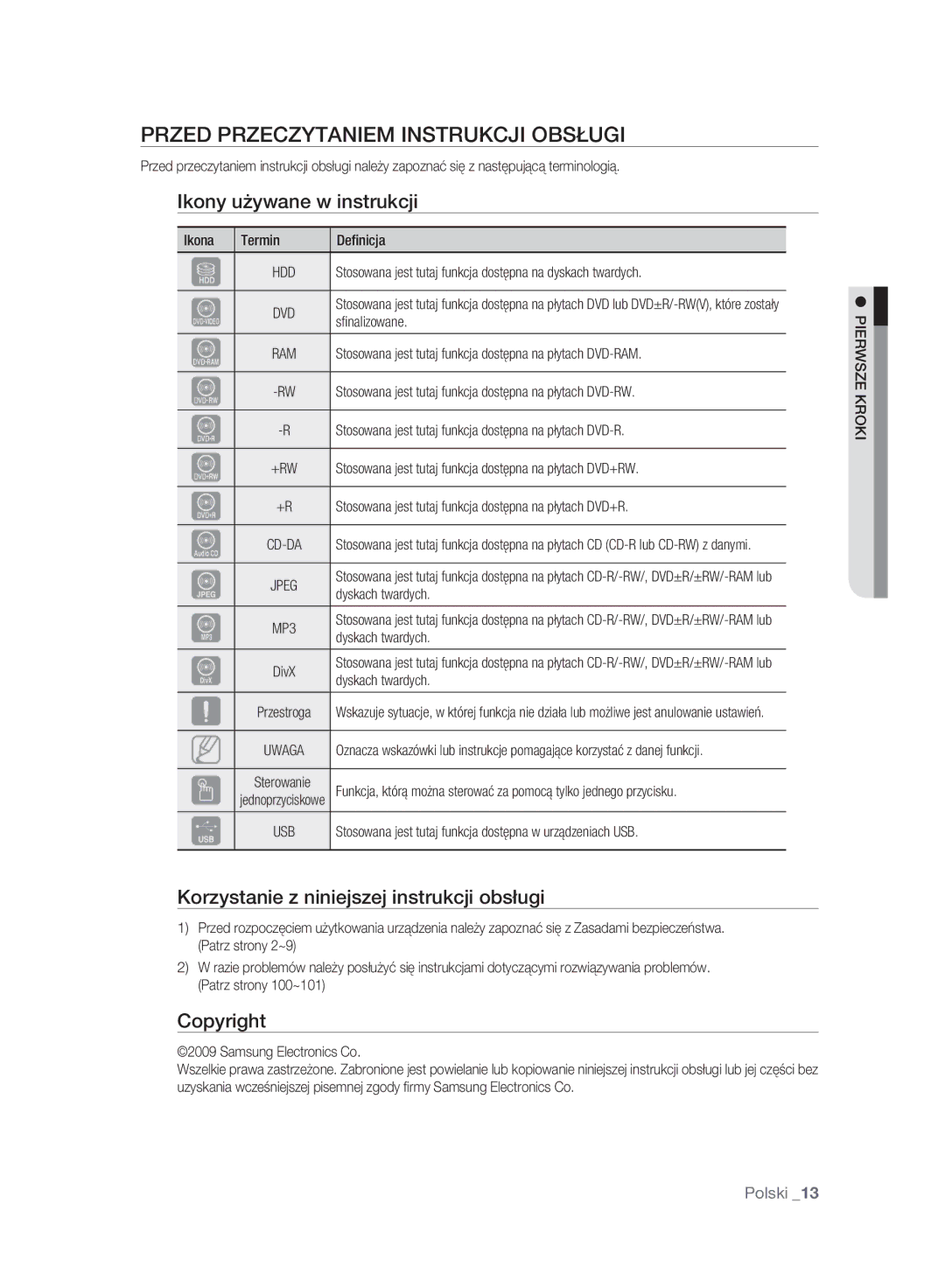 Samsung DVD-HR777A/EDC, DVD-HR775A/EDC, DVD-HR773A/EDC Przed Przeczytaniem Instrukcji Obsługi, Ikony używane w instrukcji 