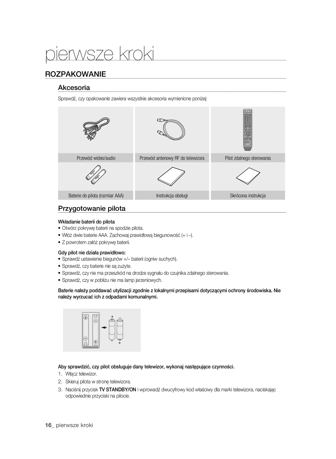 Samsung DVD-HR777A/EDC, DVD-HR775A/EDC Rozpakowanie, Akcesoria, Przygotowanie pilota, Przewód antenowy RF do telewizora 