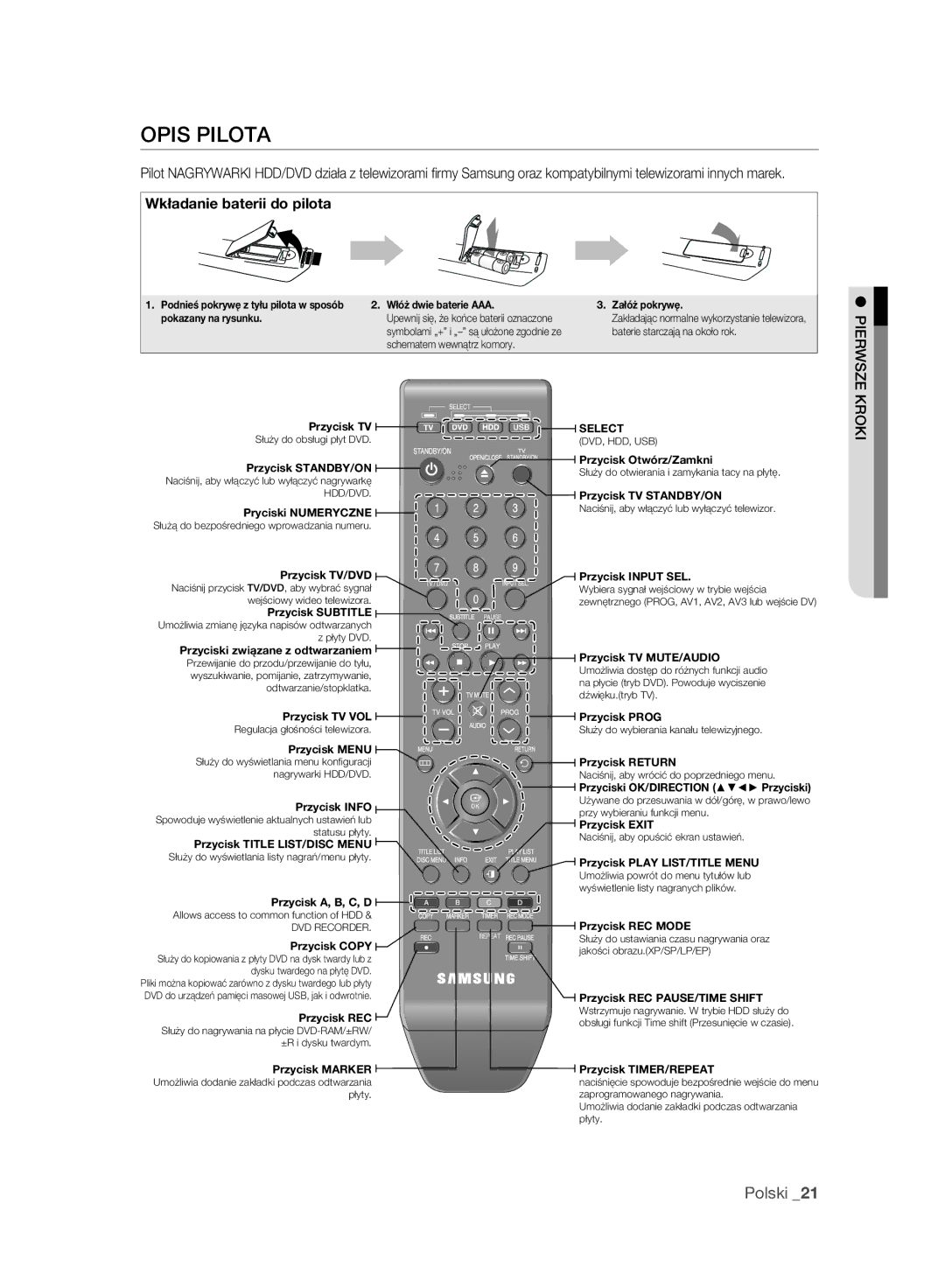 Samsung DVD-HR775A/EDC, DVD-HR777A/EDC, DVD-HR773A/EDC manual Opis Pilota, Wkładanie baterii do pilota 