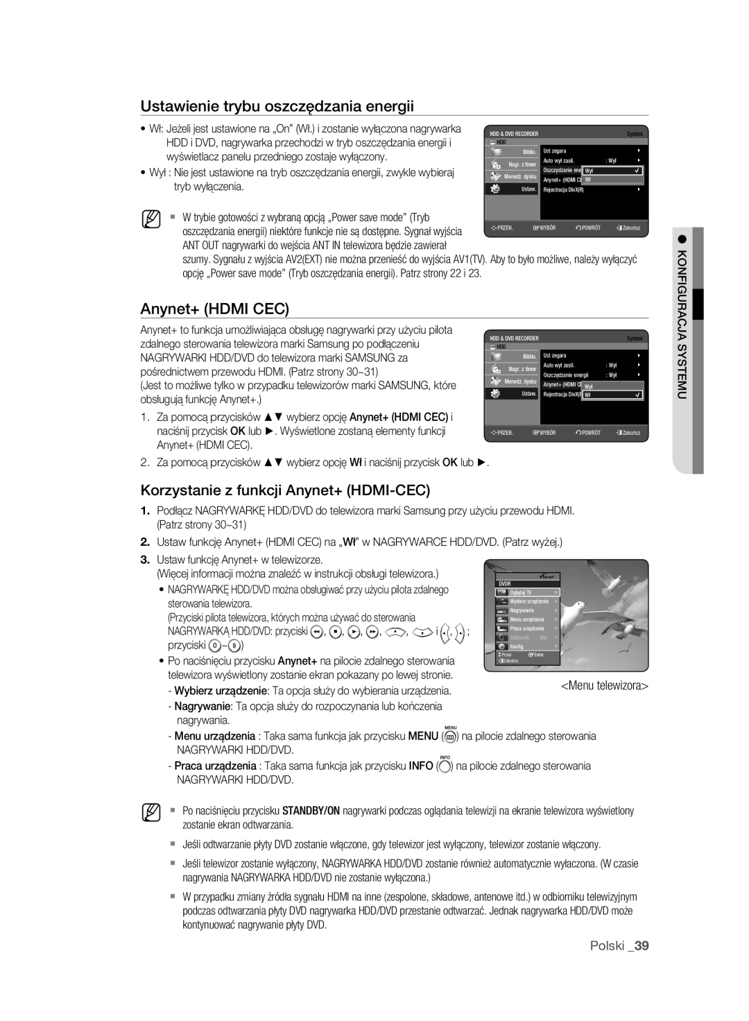 Samsung DVD-HR775A/EDC Ustawienie trybu oszczędzania energii, Korzystanie z funkcji Anynet+ HDMI-CEC, Menu telewizora 