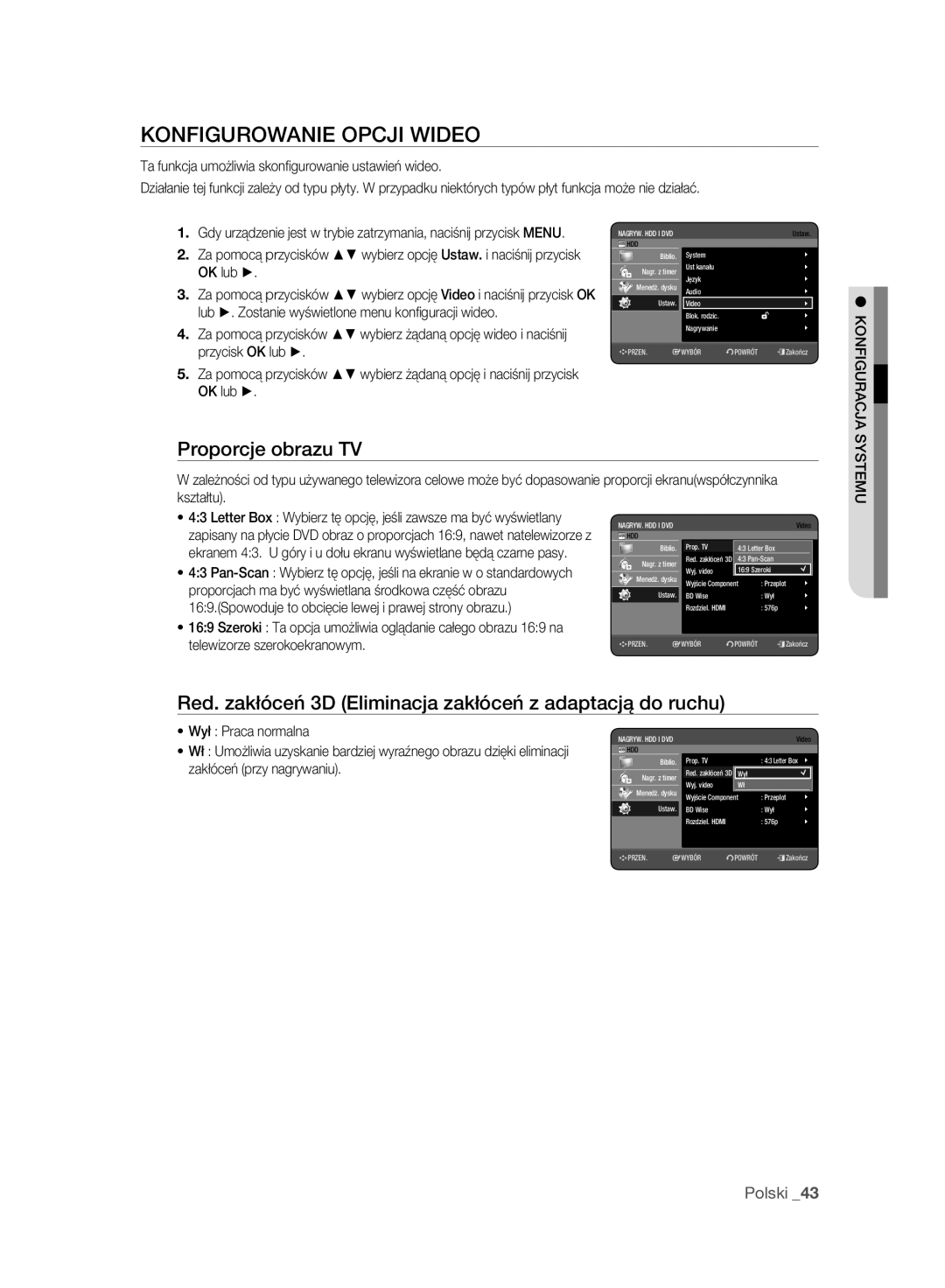 Samsung DVD-HR777A/EDC manual Konfigurowanie Opcji Wideo, Proporcje obrazu TV, Wył Praca normalna, Zakłóceń przy nagrywaniu 