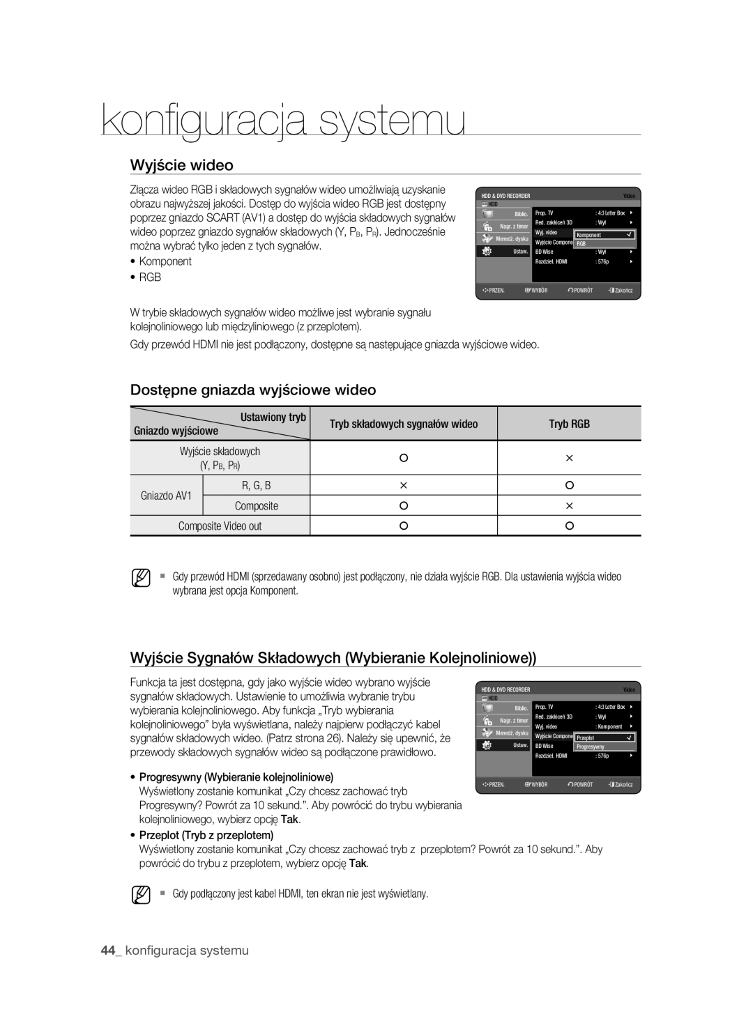 Samsung DVD-HR773A/EDC, DVD-HR775A/EDC, DVD-HR777A/EDC manual Wyjście wideo, Dostępne gniazda wyjściowe wideo 