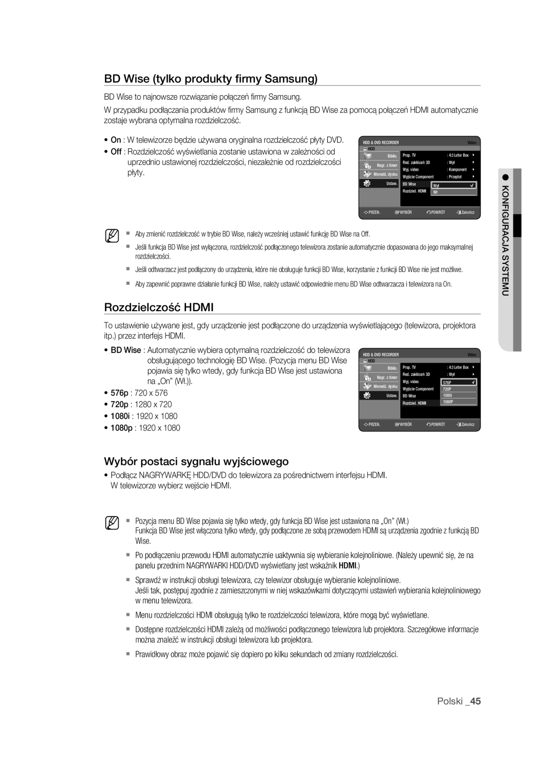 Samsung DVD-HR775A/EDC BD Wise tylko produkty ﬁrmy Samsung, Rozdzielczość Hdmi, Wybór postaci sygnału wyjściowego, Płyty 