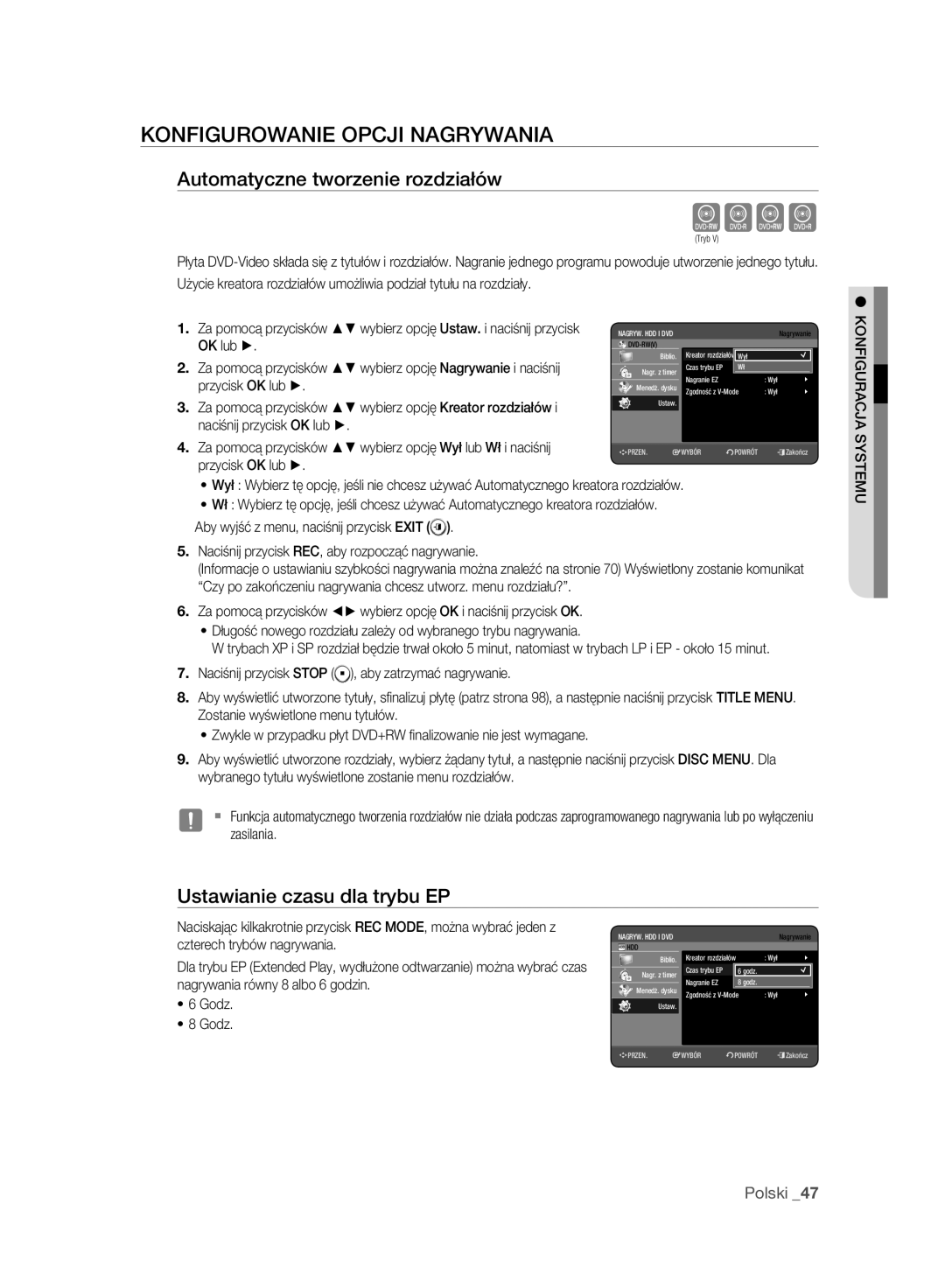 Samsung DVD-HR773A/EDC Konfigurowanie Opcji Nagrywania, Automatyczne tworzenie rozdziałów, Ustawianie czasu dla trybu EP 