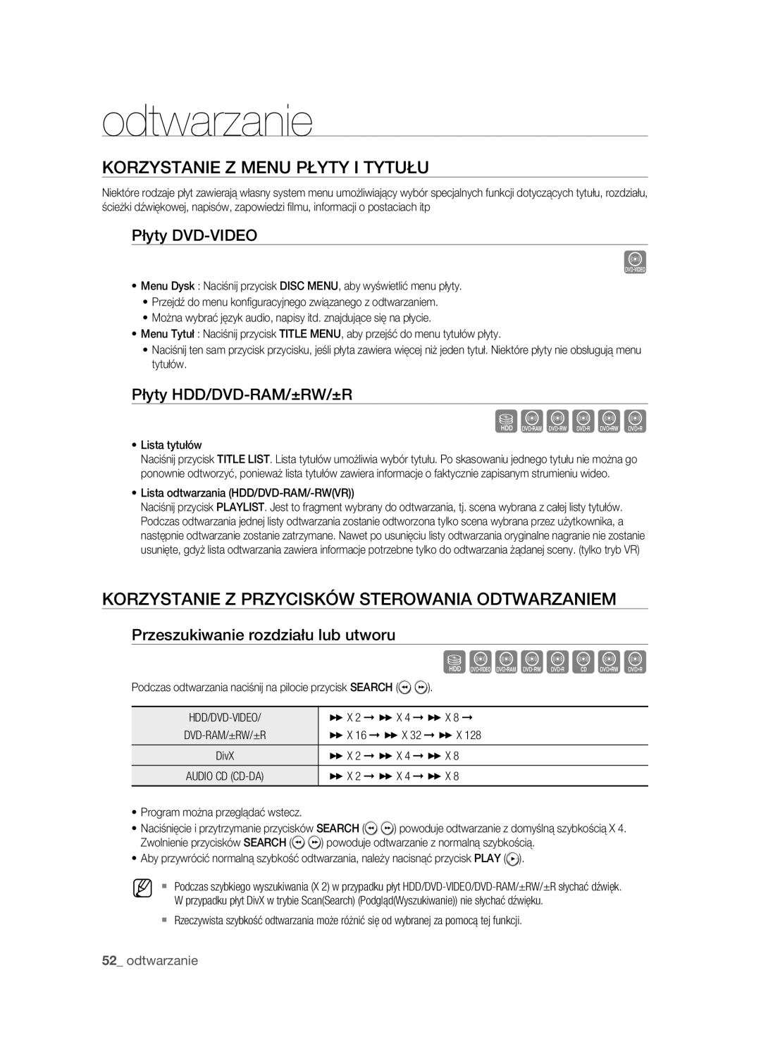 Samsung DVD-HR777A/EDC, DVD-HR775A/EDC Korzystanie Z Menu Płyty I Tytułu, Korzystanie Z Przycisków Sterowania Odtwarzaniem 