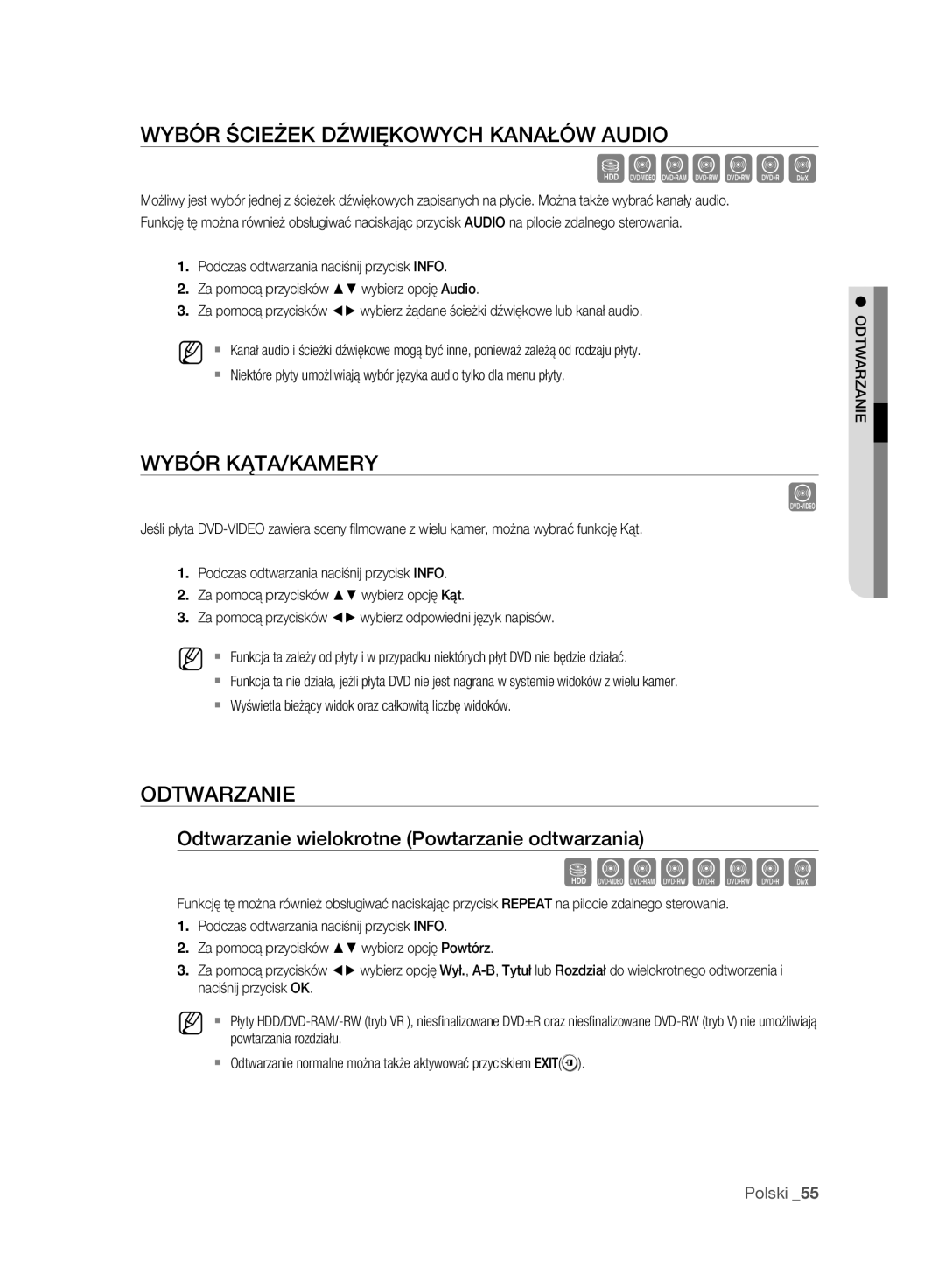 Samsung DVD-HR777A/EDC, DVD-HR775A/EDC manual Wybór Ścieżek Dźwiękowych Kanałów Audio, Wybór KĄTA/KAMERY, Odtwarzanie 