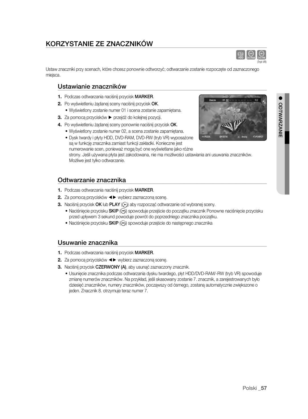 Samsung DVD-HR775A/EDC manual Korzystanie ZE Znaczników, Ustawianie znaczników, Odtwarzanie znacznika, Usuwanie znacznika 