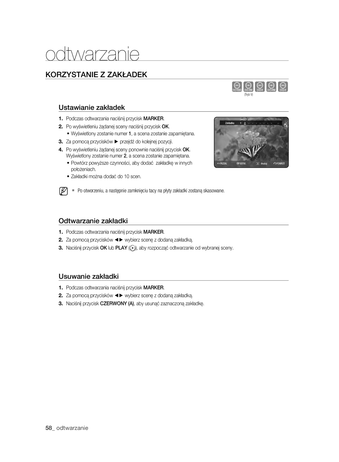 Samsung DVD-HR777A/EDC manual Korzystanie Z Zakładek, Ustawianie zakładek, Odtwarzanie zakładki, Usuwanie zakładki 