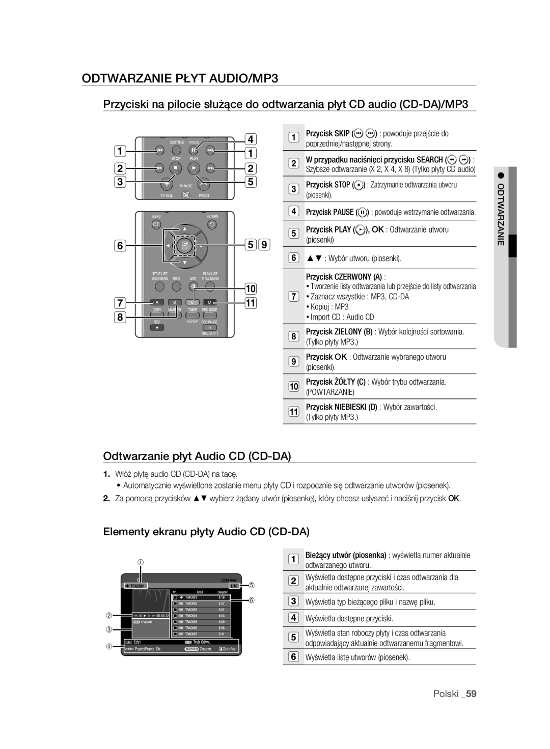 Samsung DVD-HR773A/EDC Odtwarzanie Płyt AUDIO/MP3, Odtwarzanie płyt Audio CD CD-DA, Elementy ekranu płyty Audio CD CD-DA 