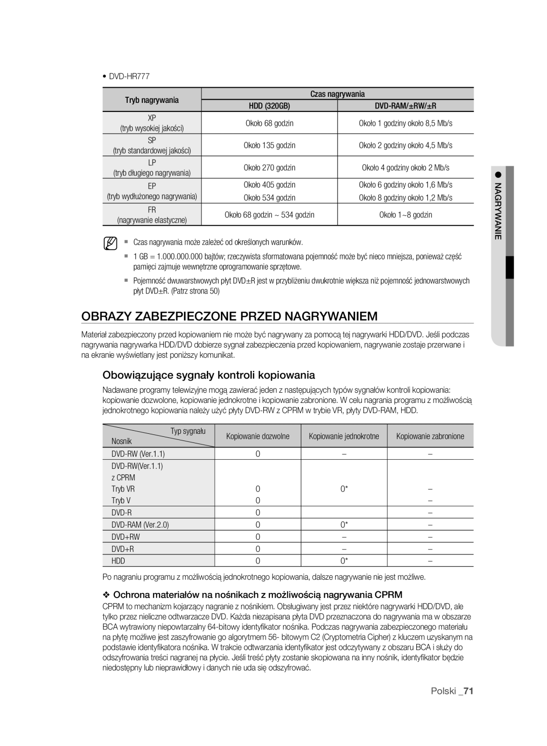 Samsung DVD-HR773A/EDC, DVD-HR775A/EDC Obrazy Zabezpieczone Przed Nagrywaniem, Obowiązujące sygnały kontroli kopiowania 