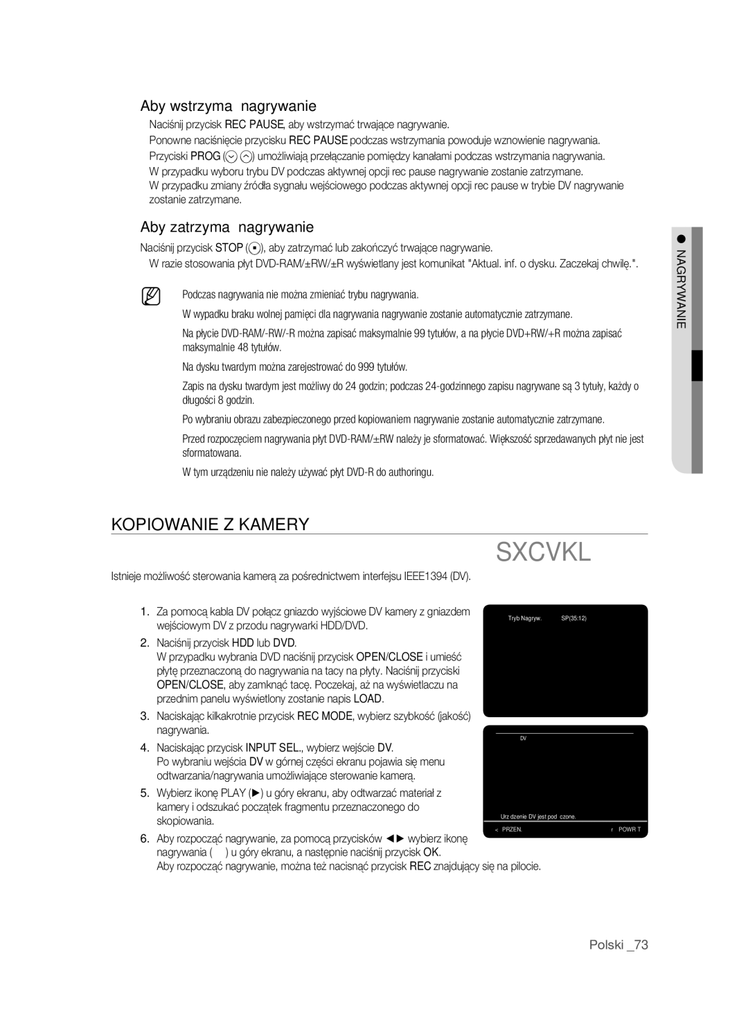 Samsung DVD-HR777A/EDC, DVD-HR775A/EDC manual Kopiowanie Z Kamery, Aby wstrzymać nagrywanie, Aby zatrzymać nagrywanie 