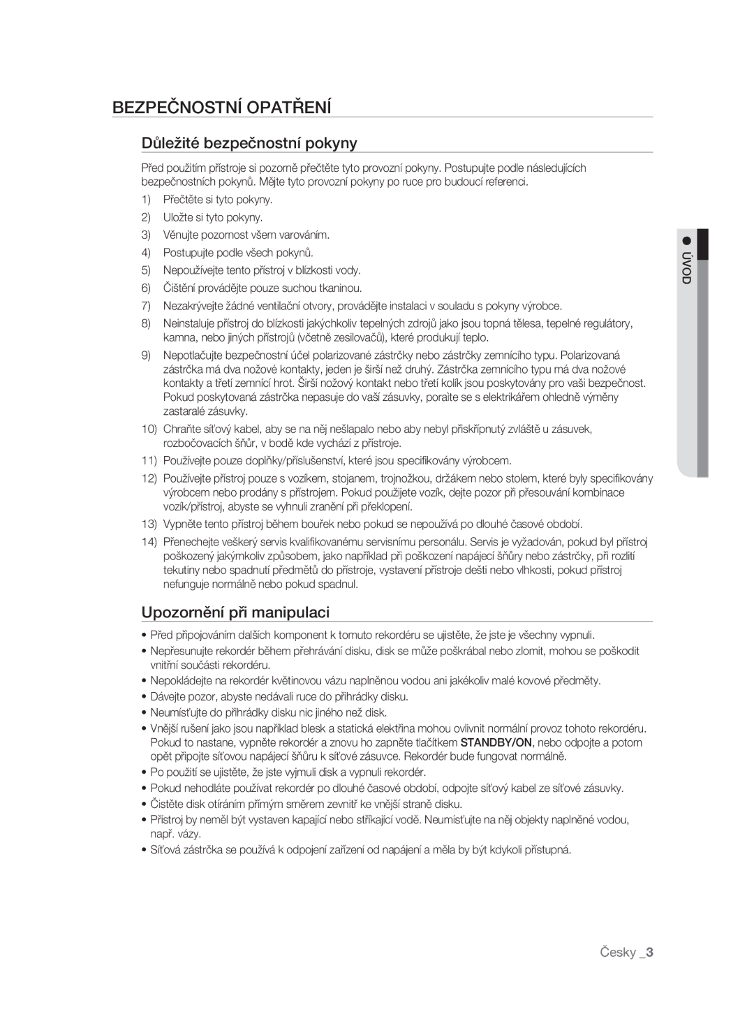 Samsung DVD-HR775A/EDC manual Bezpečnostní Opatření, Důležité bezpečnostní pokyny, Upozornění při manipulaci, Úvod 