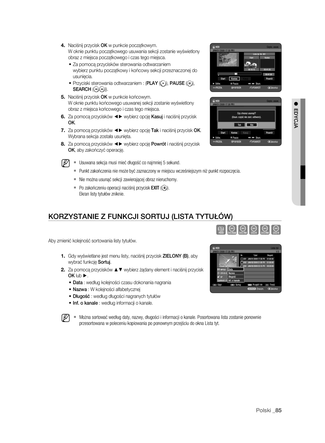 Samsung DVD-HR777A/EDC, DVD-HR775A/EDC, DVD-HR773A/EDC manual Korzystanie Z Funkcji Sortuj Lista Tytułów 