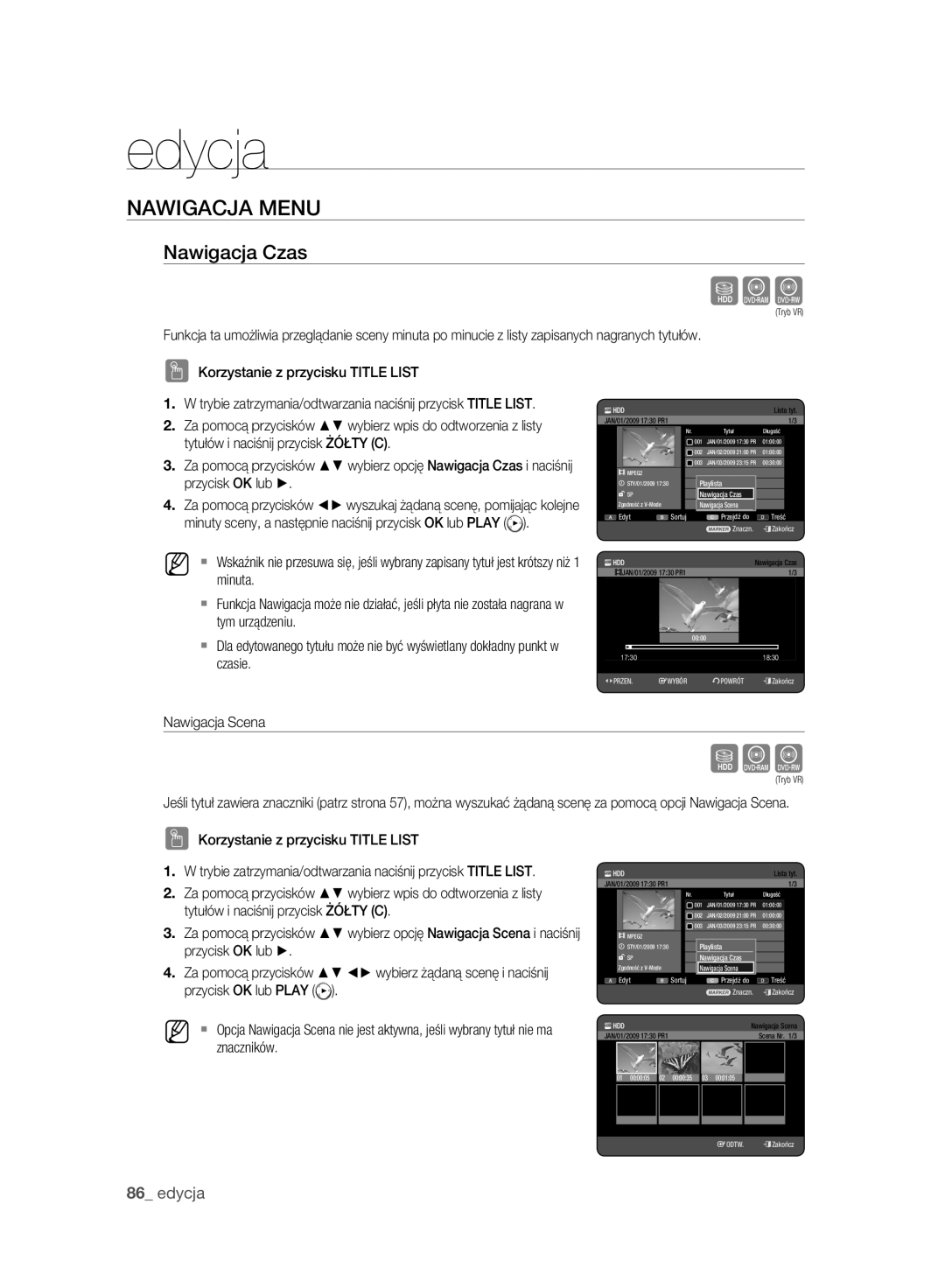 Samsung DVD-HR773A/EDC, DVD-HR775A/EDC, DVD-HR777A/EDC manual Nawigacja Menu, Nawigacja Scena, Playlista Nawigacja Czas 