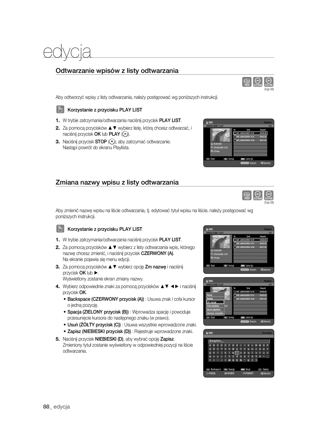 Samsung DVD-HR777A/EDC, DVD-HR775A/EDC manual Odtwarzanie wpisów z listy odtwarzania, Zmiana nazwy wpisu z listy odtwarzania 