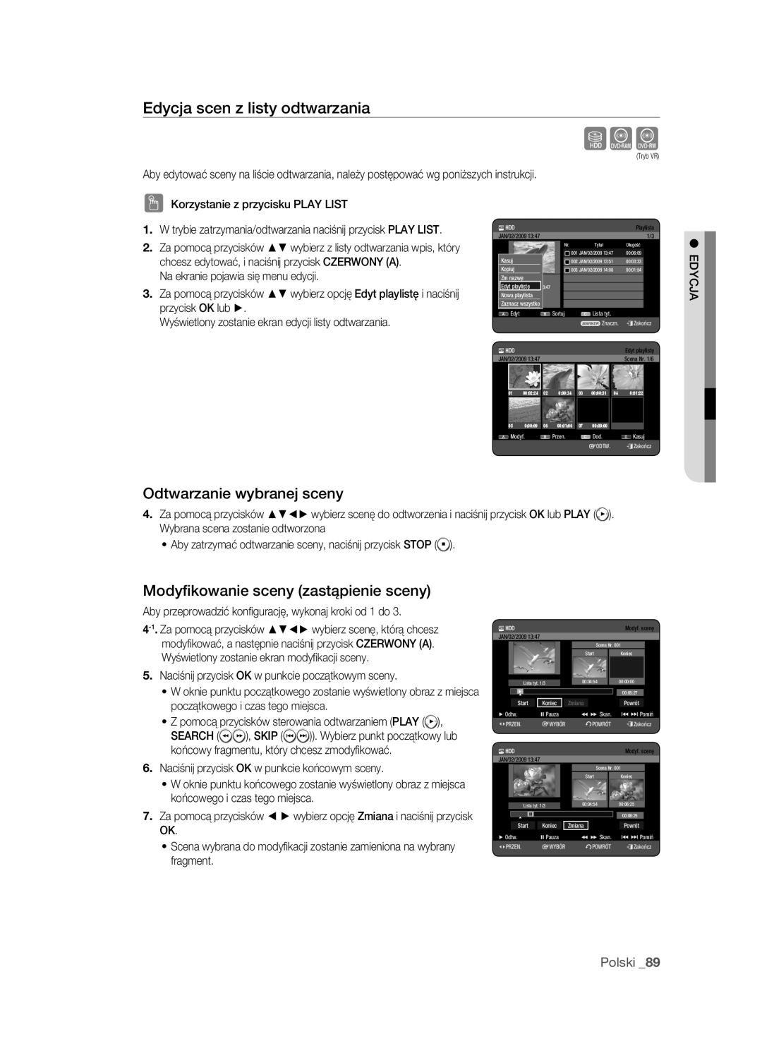 Samsung DVD-HR773A/EDC Edycja scen z listy odtwarzania, Odtwarzanie wybranej sceny, Modyﬁkowanie sceny zastąpienie sceny 