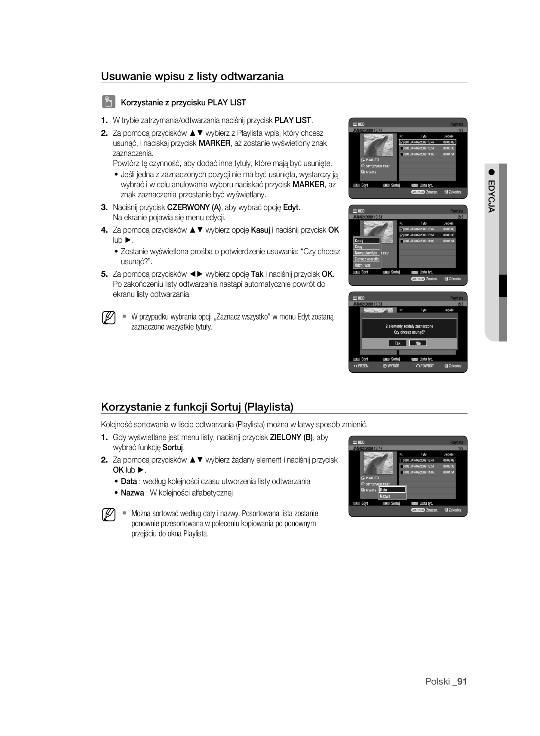 Samsung DVD-HR777A/EDC Usuwanie wpisu z listy odtwarzania, Korzystanie z funkcji Sortuj Playlista, Odzn. wsz, Data Nazwa 