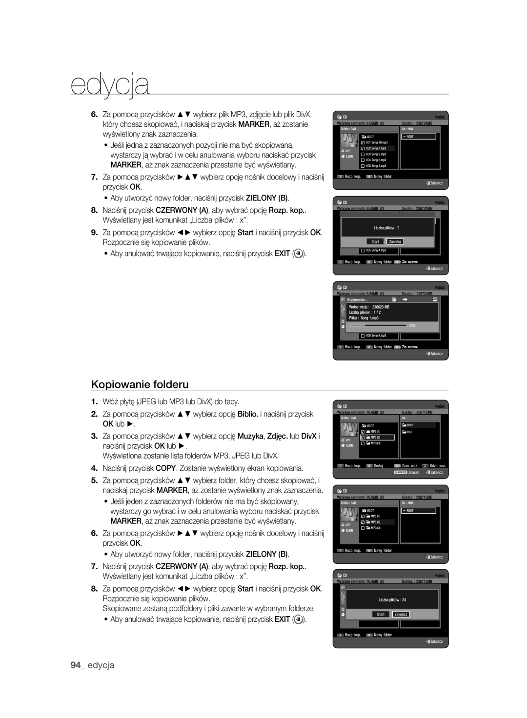 Samsung DVD-HR777A/EDC, DVD-HR775A/EDC, DVD-HR773A/EDC manual Kopiowanie folderu, Start Zakończ 