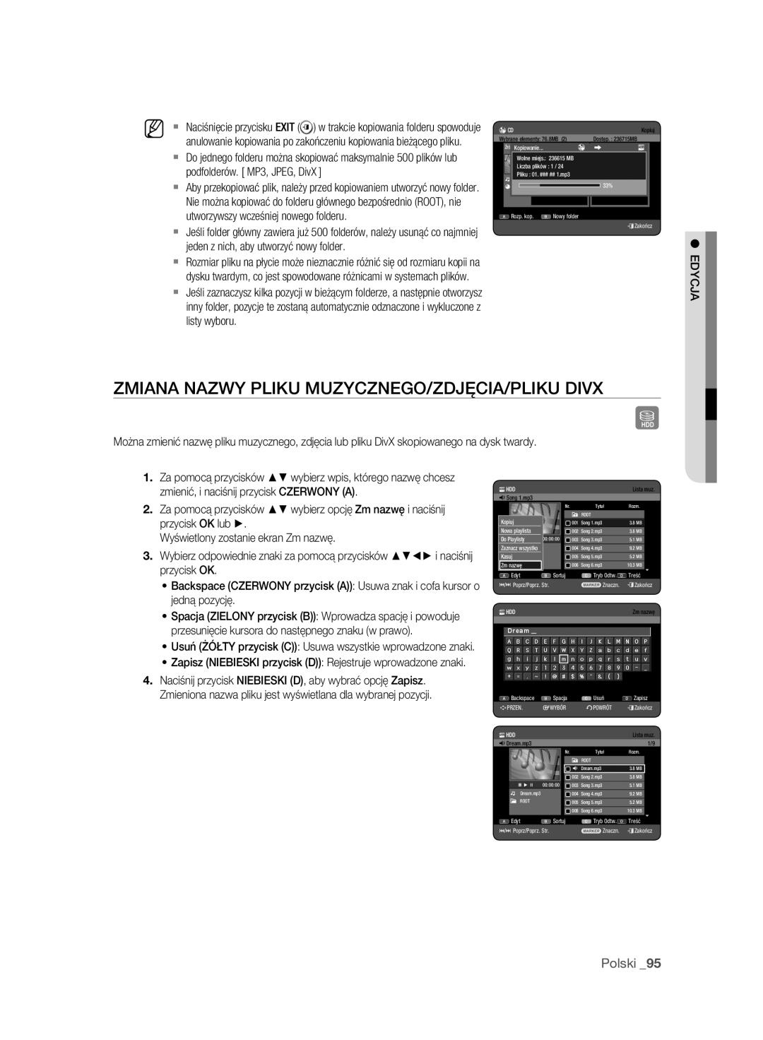 Samsung DVD-HR773A/EDC manual Zmiana Nazwy Pliku MUZYCZNEGO/ZDJĘCIA/PLIKU Divx, Podfolderów. MP3, JPEG, DivX, Listy wyboru 