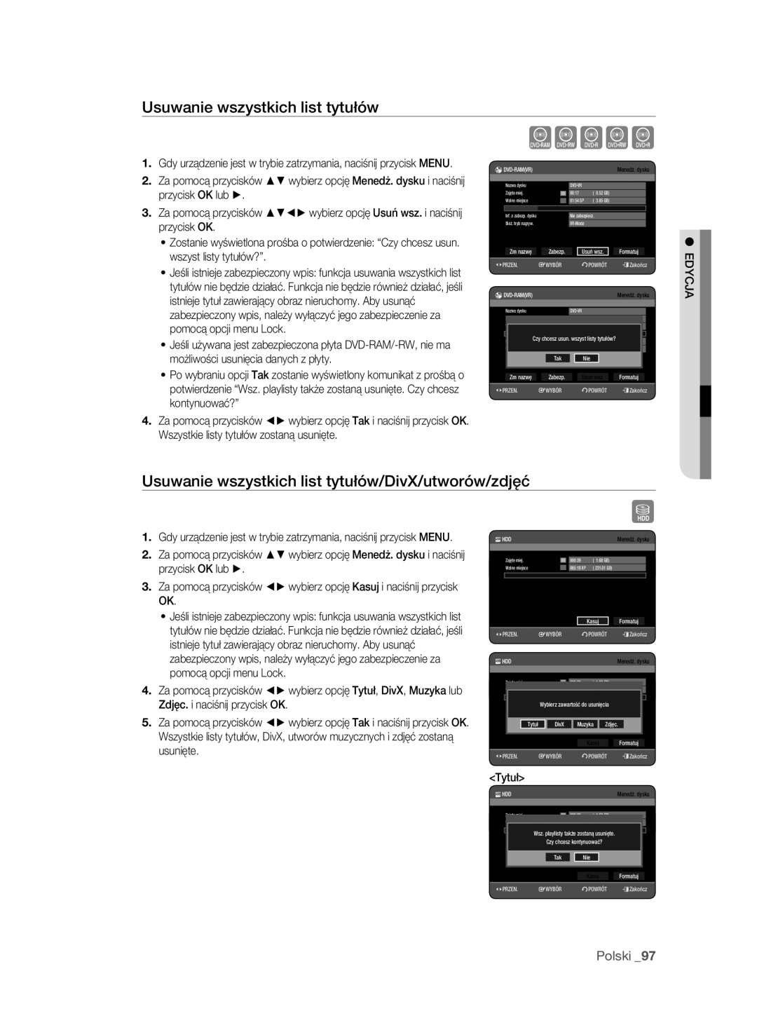 Samsung DVD-HR777A/EDC, DVD-HR775A/EDC, DVD-HR773A/EDC manual Usuwanie wszystkich list tytułów/DivX/utworów/zdjęć 