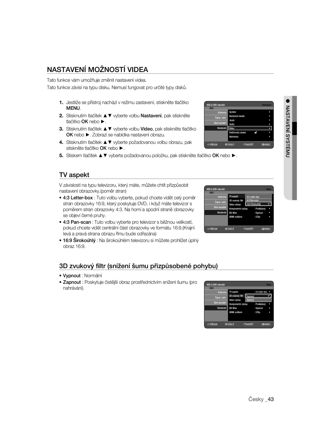 Samsung DVD-HR777A/EDC manual Nastavení Možností Videa, TV aspekt, 3D zvukový ﬁltr snížení šumu přizpůsobené pohybu 