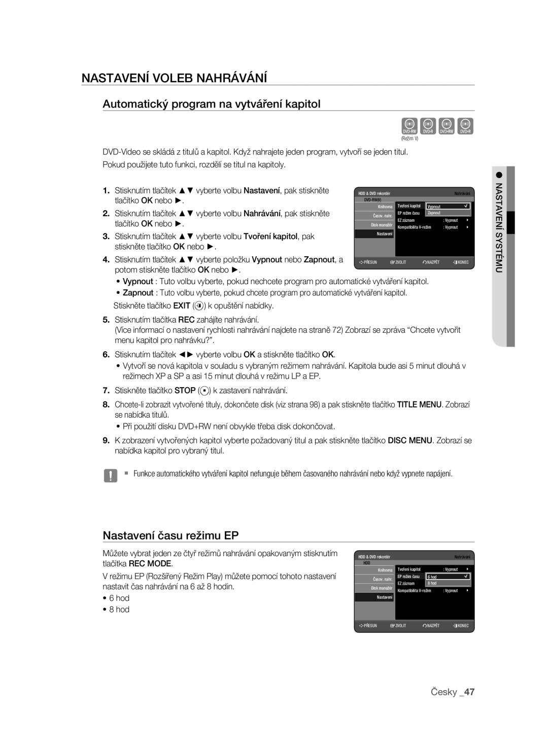 Samsung DVD-HR773A/EDC manual Nastavení Voleb Nahrávání, Automatický program na vytváření kapitol, Nastavení času režimu EP 